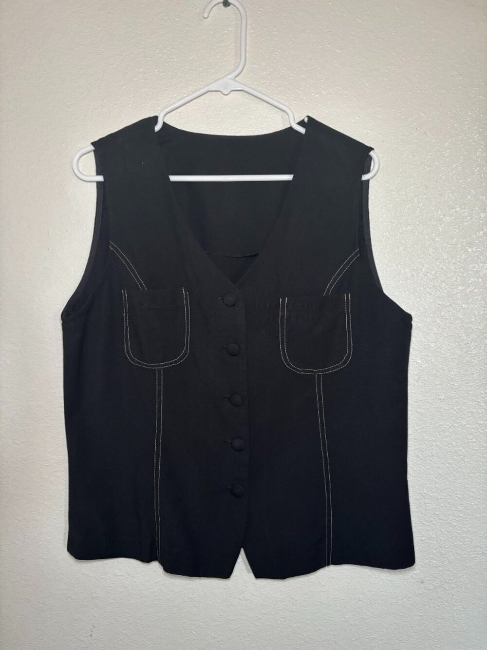 Black Button-Up Vest with White Stitching